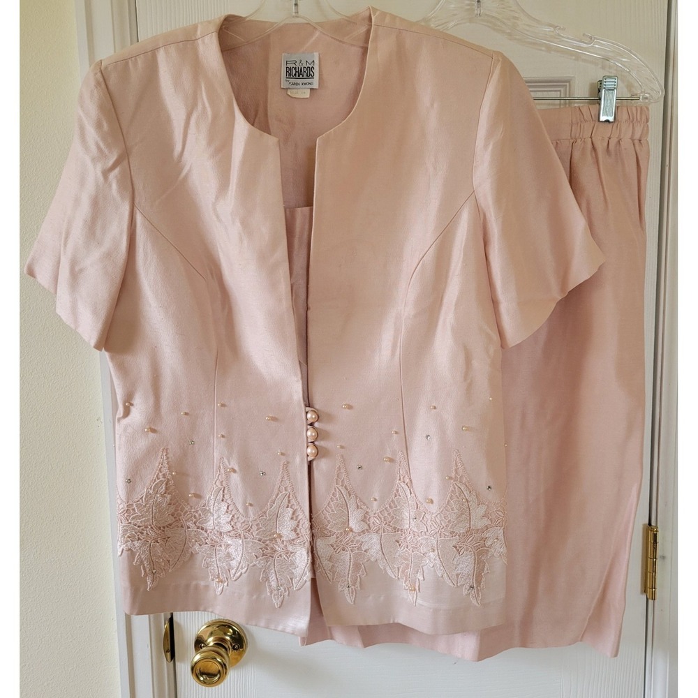 R&M Richards Karen Kwong Vintage Pink Skirt‎ Suit Set Lace Pearl Size 14 1655